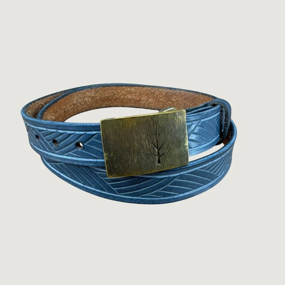 Unbranded Embossed Leather Belt Size 32/34 Blue Brass Tree Buckle Western Rustic